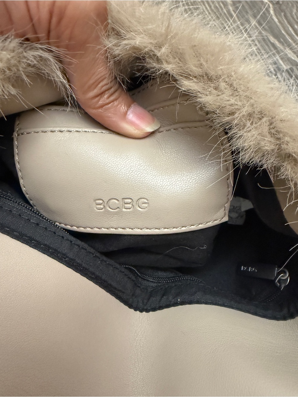 BCBG Faux Fur Taupe Shoulder Bag with Buckle Accent - Picture 5 of 5